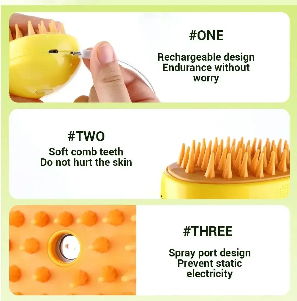 3-in-1 Electric Pet Grooming Steam Brush – Massage, Shedding & Spraying Tool
