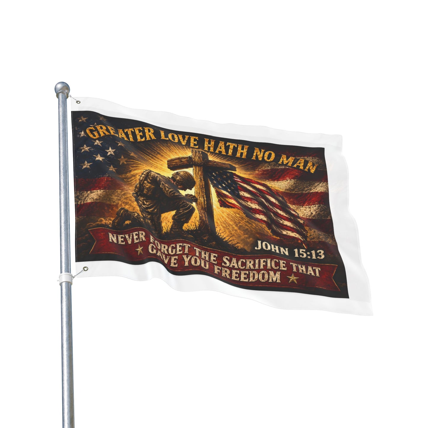 Patriotic Memorial Garden Flag | Greater Love Hath No Man John 15:13 Flag | Veteran Tribute Flag | Military Memorial Decor | Never Forget Sacrifice