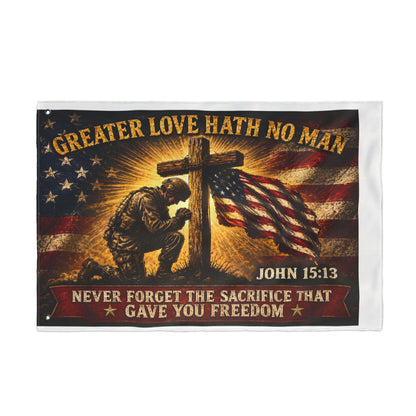 Patriotic Memorial Garden Flag | Greater Love Hath No Man John 15:13 Flag | Veteran Tribute Flag | Military Memorial Decor | Never Forget Sacrifice