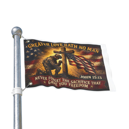 Patriotic Memorial Garden Flag | Greater Love Hath No Man John 15:13 Flag | Veteran Tribute Flag | Military Memorial Decor | Never Forget Sacrifice