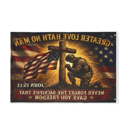 Patriotic Memorial Garden Flag | Greater Love Hath No Man John 15:13 Flag | Veteran Tribute Flag | Military Memorial Decor | Never Forget Sacrifice
