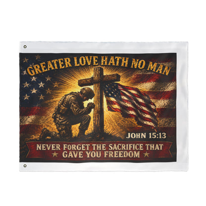 Patriotic Memorial Garden Flag | Greater Love Hath No Man John 15:13 Flag | Veteran Tribute Flag | Military Memorial Decor | Never Forget Sacrifice