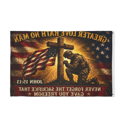 Patriotic Memorial Garden Flag | Greater Love Hath No Man John 15:13 Flag | Veteran Tribute Flag | Military Memorial Decor | Never Forget Sacrifice