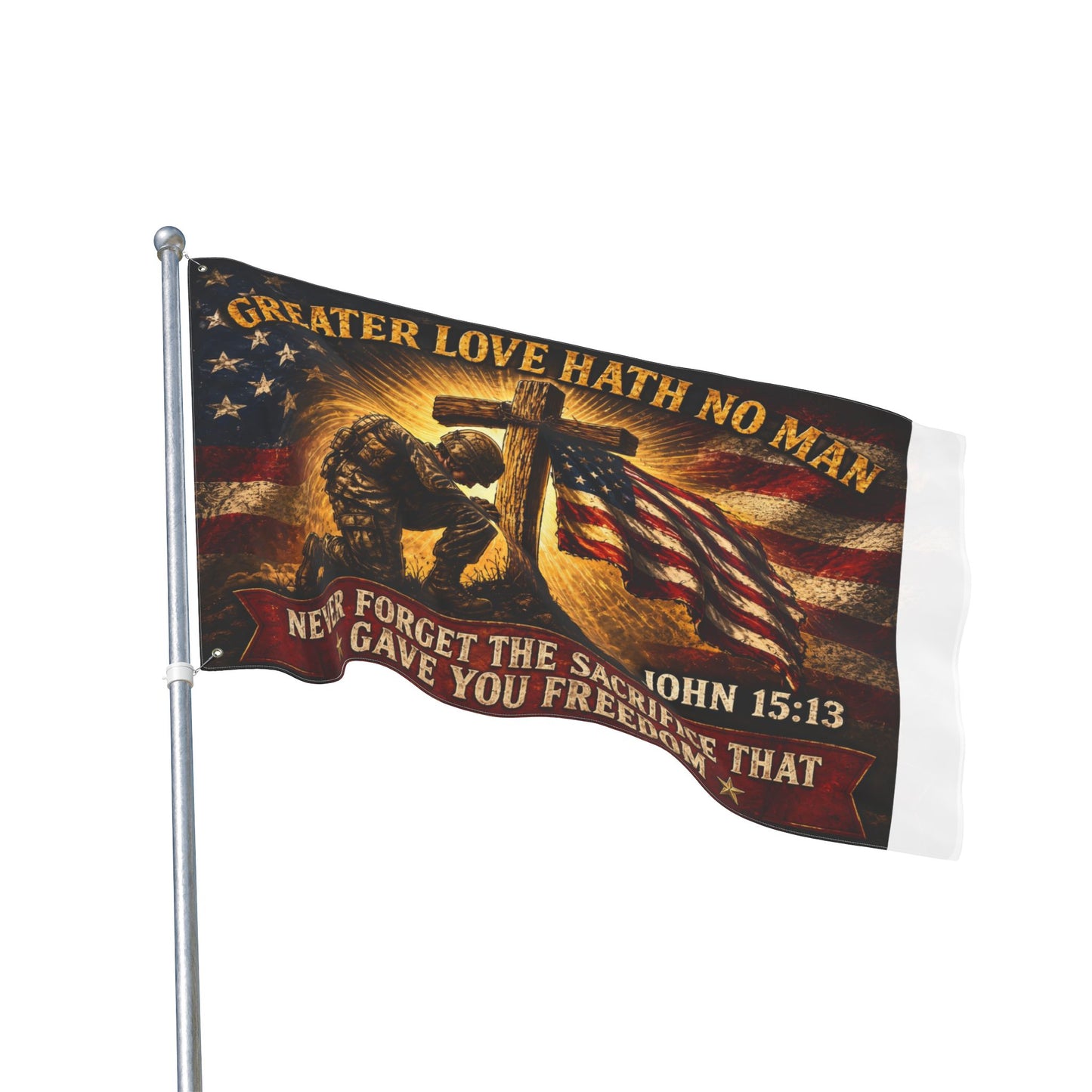 Patriotic Memorial Garden Flag | Greater Love Hath No Man John 15:13 Flag | Veteran Tribute Flag | Military Memorial Decor | Never Forget Sacrifice