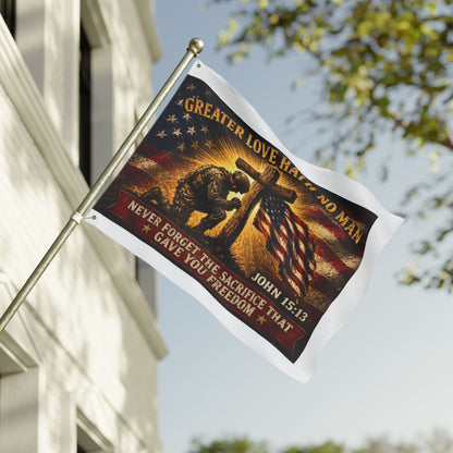Patriotic Memorial Garden Flag | Greater Love Hath No Man John 15:13 Flag | Veteran Tribute Flag | Military Memorial Decor | Never Forget Sacrifice