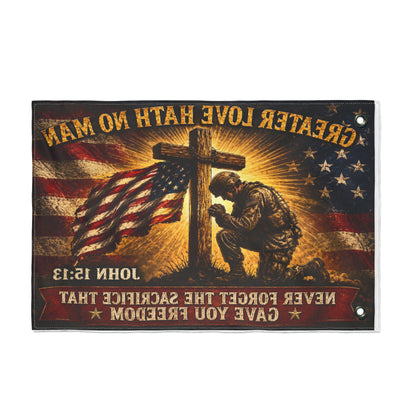 Patriotic Memorial Garden Flag | Greater Love Hath No Man John 15:13 Flag | Veteran Tribute Flag | Military Memorial Decor | Never Forget Sacrifice